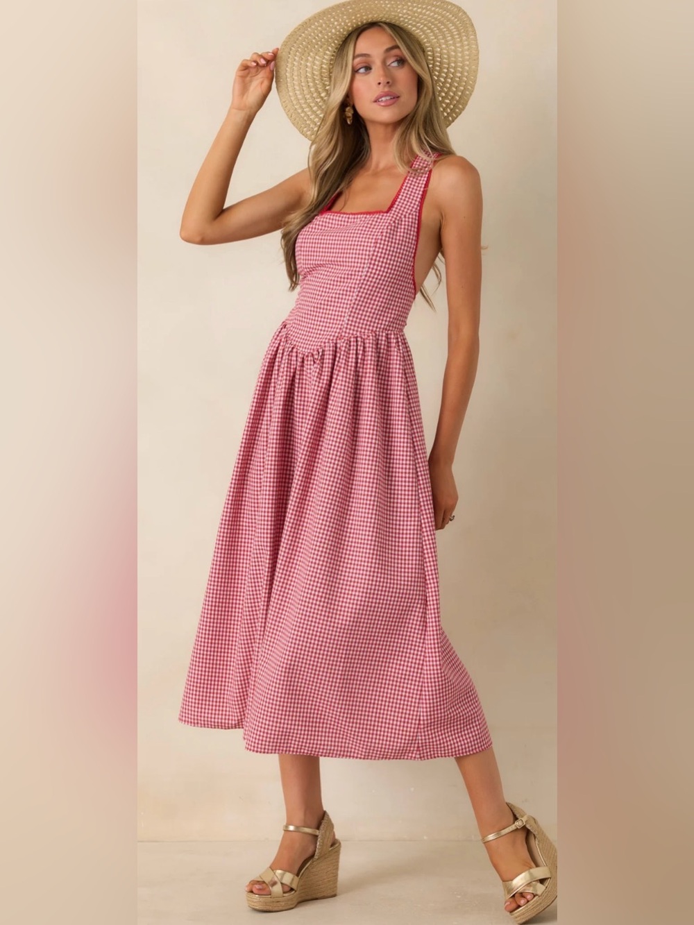 Olivaceous Red and White Gingham Tie-Back Dress